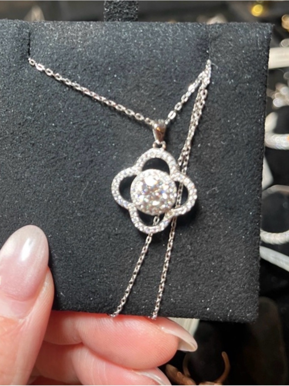Sterling Silver Flower Halo Pendant Necklace - White